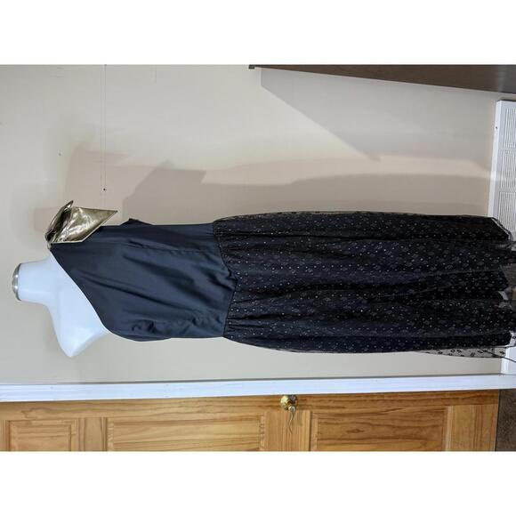 80s Trousers Up Vintage Elegant Black Dress  Gold Metallic Bow Shoulder Detail - Picture 10 of 11